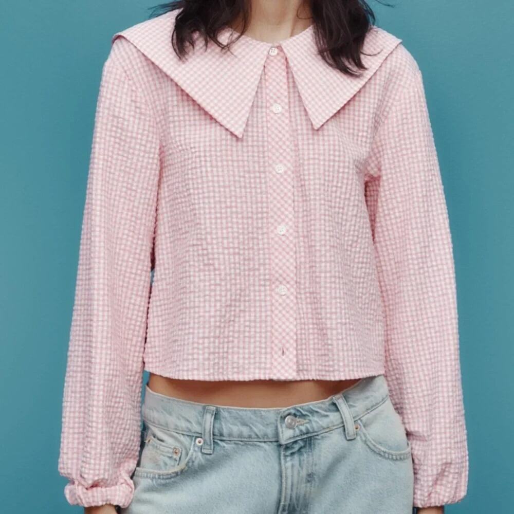 Zara Pink Gingham Seersucker Button Down with Oversized Collar & Puffed Sleeves